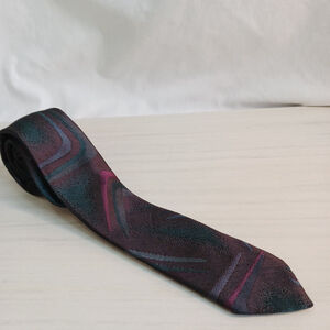VTG Chicago Skinny Necktie 80s Maroon Teal Dark Shimmer Geometric Retro Mod